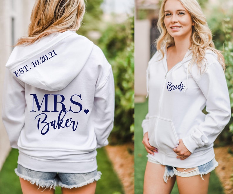 Mrs Hoodie Zip Up Jacket Custom name and date Bridal Hoodie Bachelorette Party Bridal Shower Gift Wedding Hoodie Honeymoon image 3