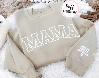 Embossed Mama UNISEX Sweatshirt - Puff Vinyl Mom Sweater With Kids Names on Sleeve - 3D Puff Vinyl - Christmas Gift - New Mom Gift