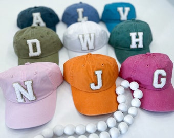 Youth Hats with Custom Chenille Initial - Caps with Chenille Patch - Monogram Caps - Chenille Alphabet Patches on Youth Cap - Custom Initial