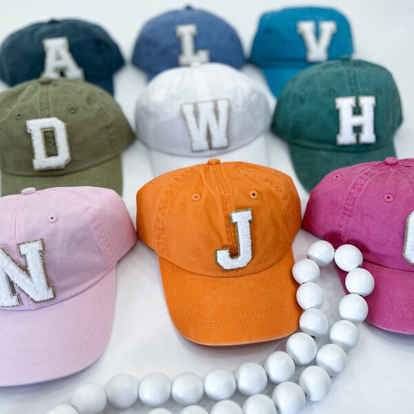 Youth Hats with Custom Chenille Initial - Caps with Chenille Patch - Monogram Caps - Chenille Alphabet Patches on Youth Cap - Custom Initial