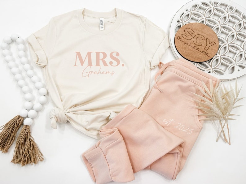 Mrs. Pj Set Shorts or Joggers matching Set Lounge Outfit New Date and Name Soft Sweatpants Unique Bridal Shower Gift Wedding Morning image 1