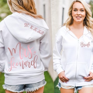 Mrs Bride Hoodie Wedding Jacket Sweatshirt Bridal Shower Gift Honeymoon Sweatshirt Elegant Bridal Sweatshirt Bride Zip Up Mrs image 2