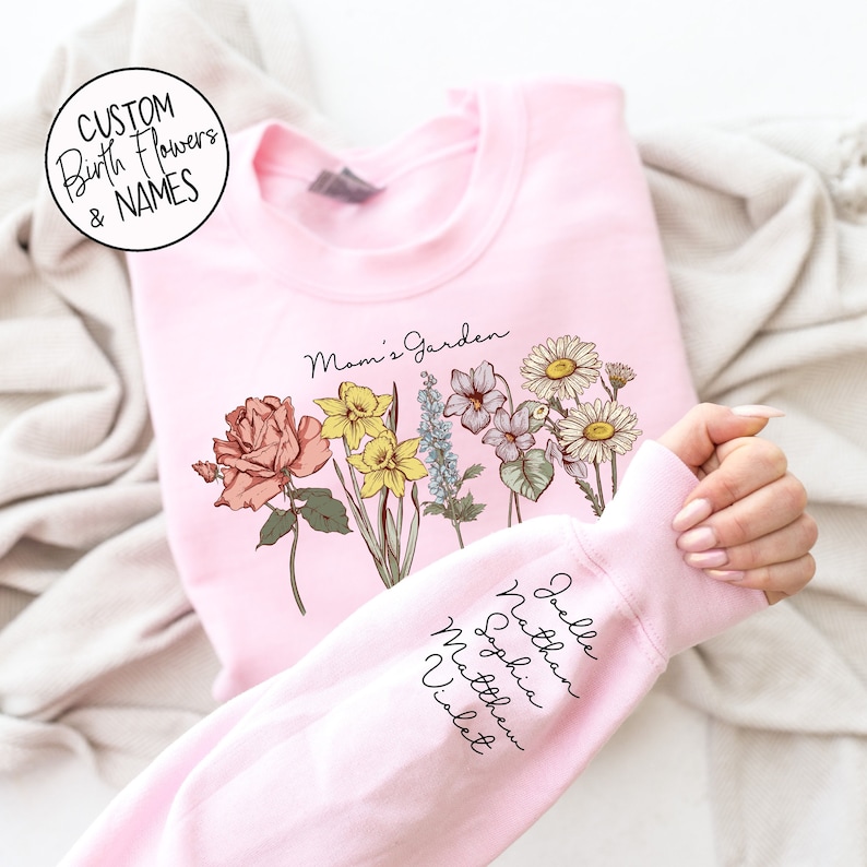 Mama's Garden with Custom Birth Flowers and Names on Sleeve Mothers Day Gift Unique Mommy Gift Personalized Mama Birthday Gift image 2