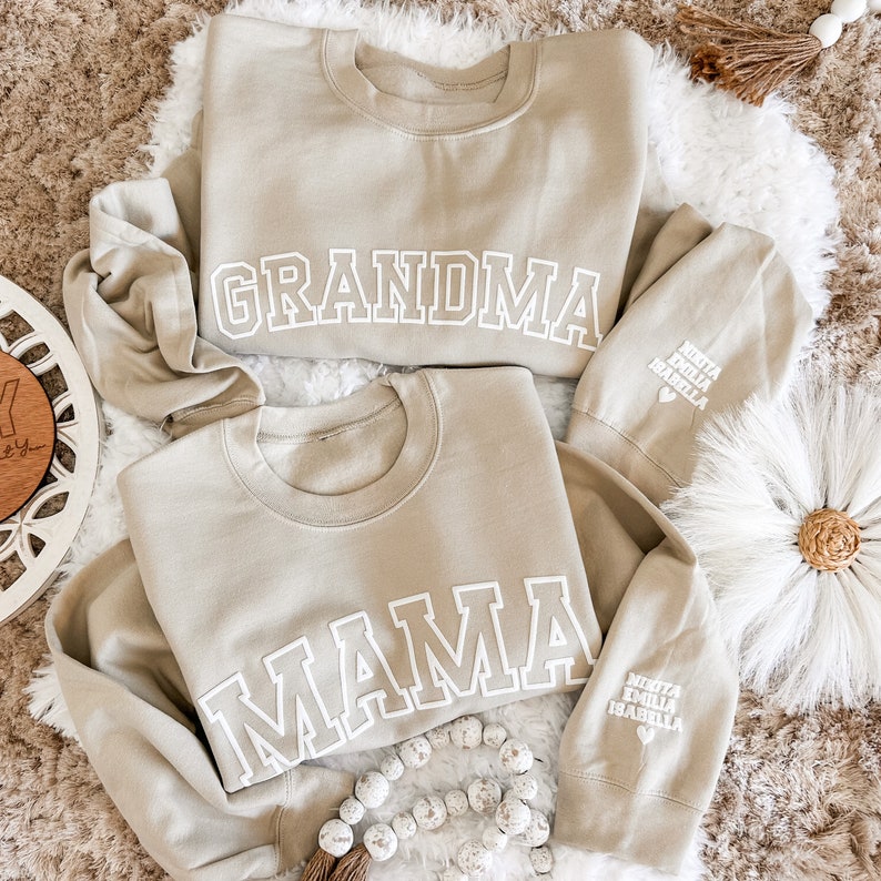 Embossed Grandma UNISEX Sweatshirt Puff Vinyl Nana Sweater With Grandkids Names on Sleeve 3D Puff Vinyl Grandma Christmas Gift image 2