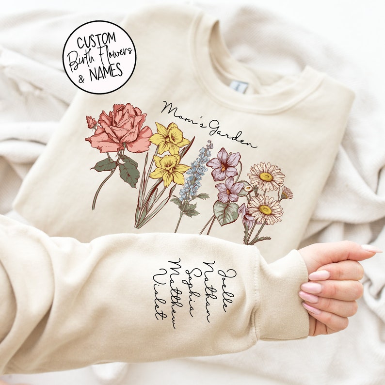 Mama's Garden with Custom Birth Flowers and Names on Sleeve Mothers Day Gift Unique Mommy Gift Personalized Mama Birthday Gift image 3