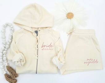 Tracksuit for Bride or Bridal Party with Title, Names or Date -Shorts or Joggers Option - Gift for Bridal Shower or Bridal Proposal