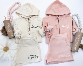 Zip-Up Hoodie with Choice of Shorts or Joggers for Bride or Bridal Party with Title, Names or Date - Honeymoon Outfit - Bridesmaid Proposal