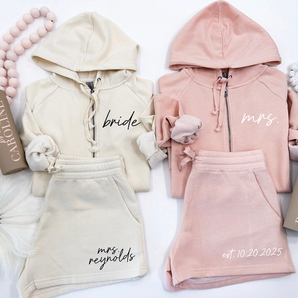 Zip-Up Hoodie with Choice of Shorts or Joggers for Bride or Bridal Party with Title, Names or Date - Honeymoon Outfit - Bridesmaid Proposal