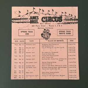Tarjeta de ruta de la gira de primavera de 1968 de James Bros. Circus California Vintage
