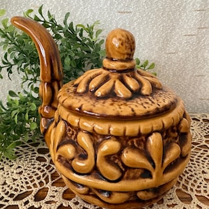 Vintage English Acorn & Oak Leaf Treacle Glazed Pottery Covered Honey Preserve Pot #9038
