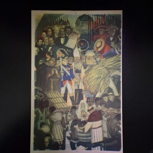 May include: A vintage postcard showing a detailed mural of a historical scene. The artwork depicts a crowd of figures in various attire, including military uniforms, religious garments, and formal wear. The colour palette is dominated by earthy tones, with accents of blue, red, and gold.