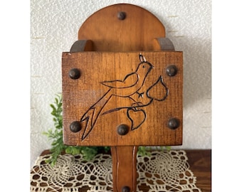 Vintage Handmade Folk Art Wooden Wall Pocket Mail Holder Carved Bird Primitive
