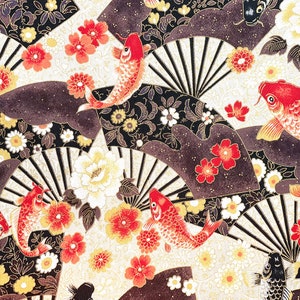 May include: A white background with a repeating pattern of black and gold fans, red and white flowers, and orange and red fish. The fish are swimming in a circular pattern.