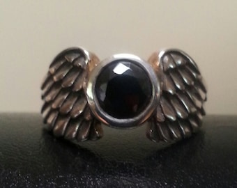 angel ring, black cubic zirconia,Sterling silver, goddess,angel wings,bird wings,feather ring, alternative, new age,hand made, gothic