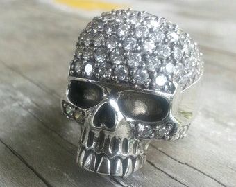 large Skull ring, bling, gangster, sterling silver, steampunk ,gothic ,punk,cubic zirconia,handmade,mens fashion,chunky ring,hipster,pirate