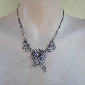 アミセストネックレス、スターリングシルバー、リーフ、ボヘミアン、ヴィンテージ、シック、ハンドメイド、デコ、アールヌーボー、ゴシック、レディースファッション、ヒッピー、女神、ブライダルネックレス、