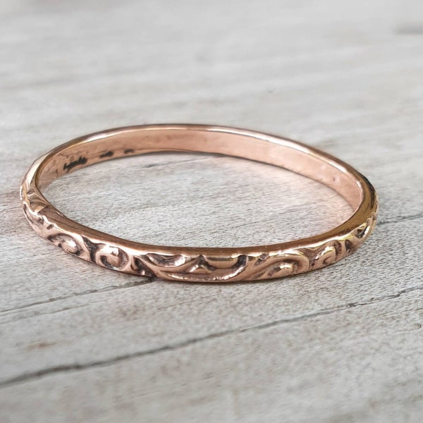 9k rose gold Stacker ring,thin,vintage, solid 9k gold band,fine and danity,victorian scroll,boho,pinkie ring