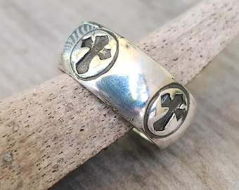 Bague croix, argent sterling 925, bande croix gothique, alliance unisexe, steampunk, bijoux emo punk grunge