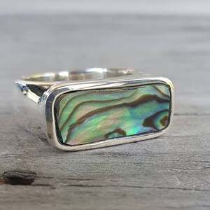 Rectangle ring,paua shell ring,sterling silver,chunky abalone,handmade,Micheal Hutchence tribute,plain silver signet,unisex