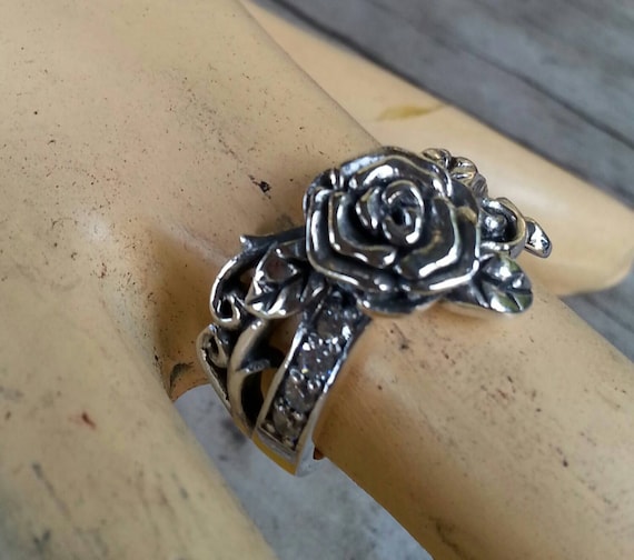 Flower Rose Ring Pinkie Ring Small Antiqued Sterling Silver Flower Rose Ring Pinkie Ring Small Antiqued Sterling Silver