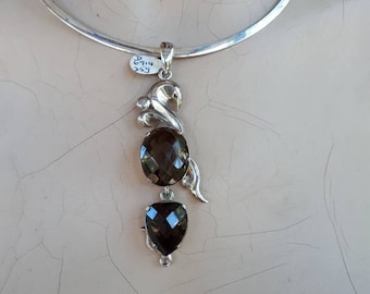 Large silver stone pendant,Smokey quartz,sterling silver,handmade, antique,boho,choker,bridal necklace,crystal,new age,goddess