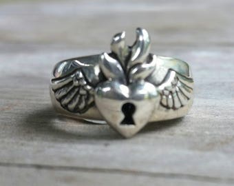 sacred heart ring, flaming heart, rockabilly,angel wings,padlock heart,love,feather, gothic, steampunk,goddess,flame ring
