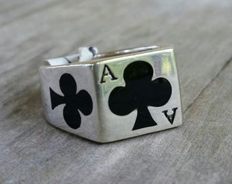 Ace of clubs ring,gambling, cards,sterling silver,ace ring,enamel,Vegas wedding,black jack,poker,lucky,handmade,signet ring,rockabilly