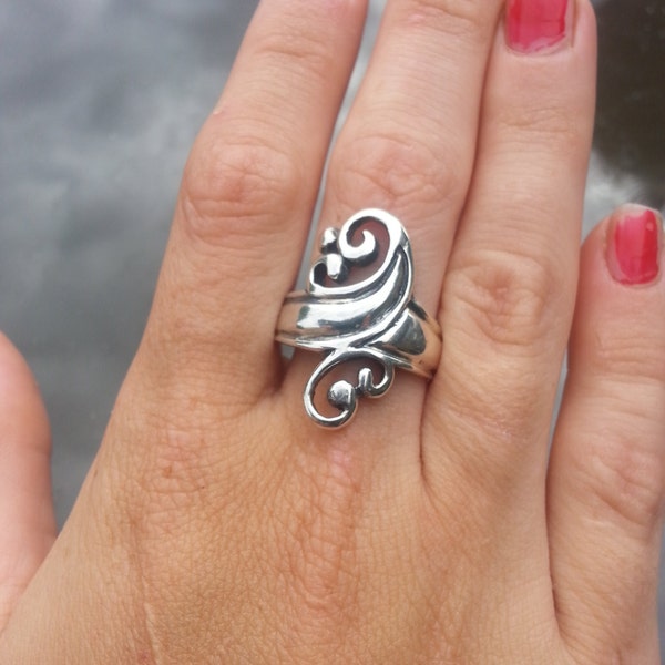 Long ring,sterling silver,scroll ring,vintage,handmade,boho,tribal swirl,festival, steampunk,gothic, art nouveau,celtic