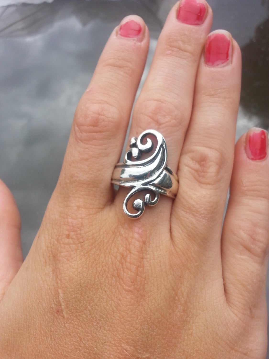 Long Ring,sterling Silver,scroll With Teardrop Stone,handmade