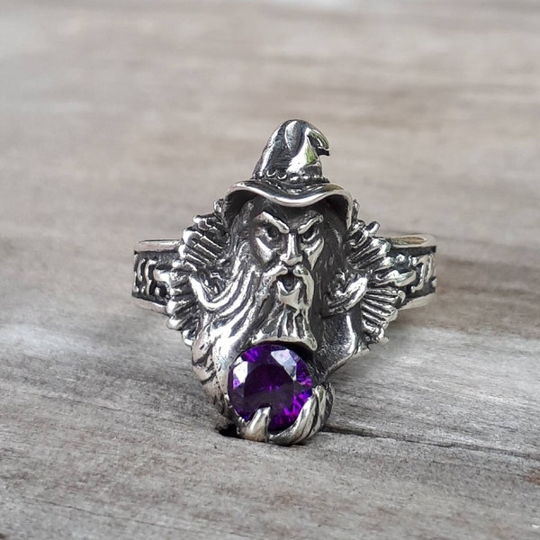 wizard ring sterling amethyst silver magic fantasy mythical  steampunk gothic punk  ring