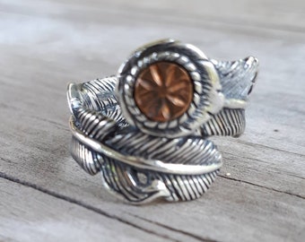 Anillo de plumas, plata de ley, cobre, anillo de dos tonos, tribal, indio, vaquero, country y western, hipster, rockabilly, hecho a mano, boda, flor
