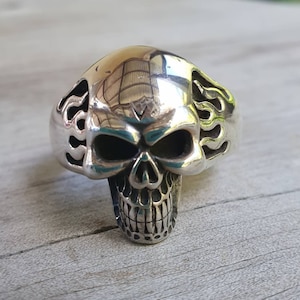 Skull flame ring,sterling silver,ed style flames,steampunk,gothic, punk, solid,heavy,hipster,kustom kulture muscle car
