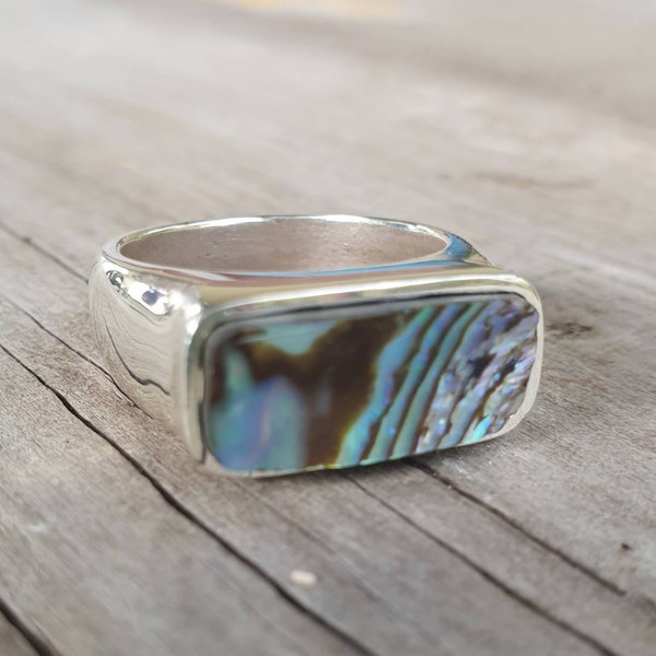 Rectangle ring,paua shell ring,sterling silver,chunky abalone,handmade,Micheal Hutchence tribute,plain silver signet,unisex