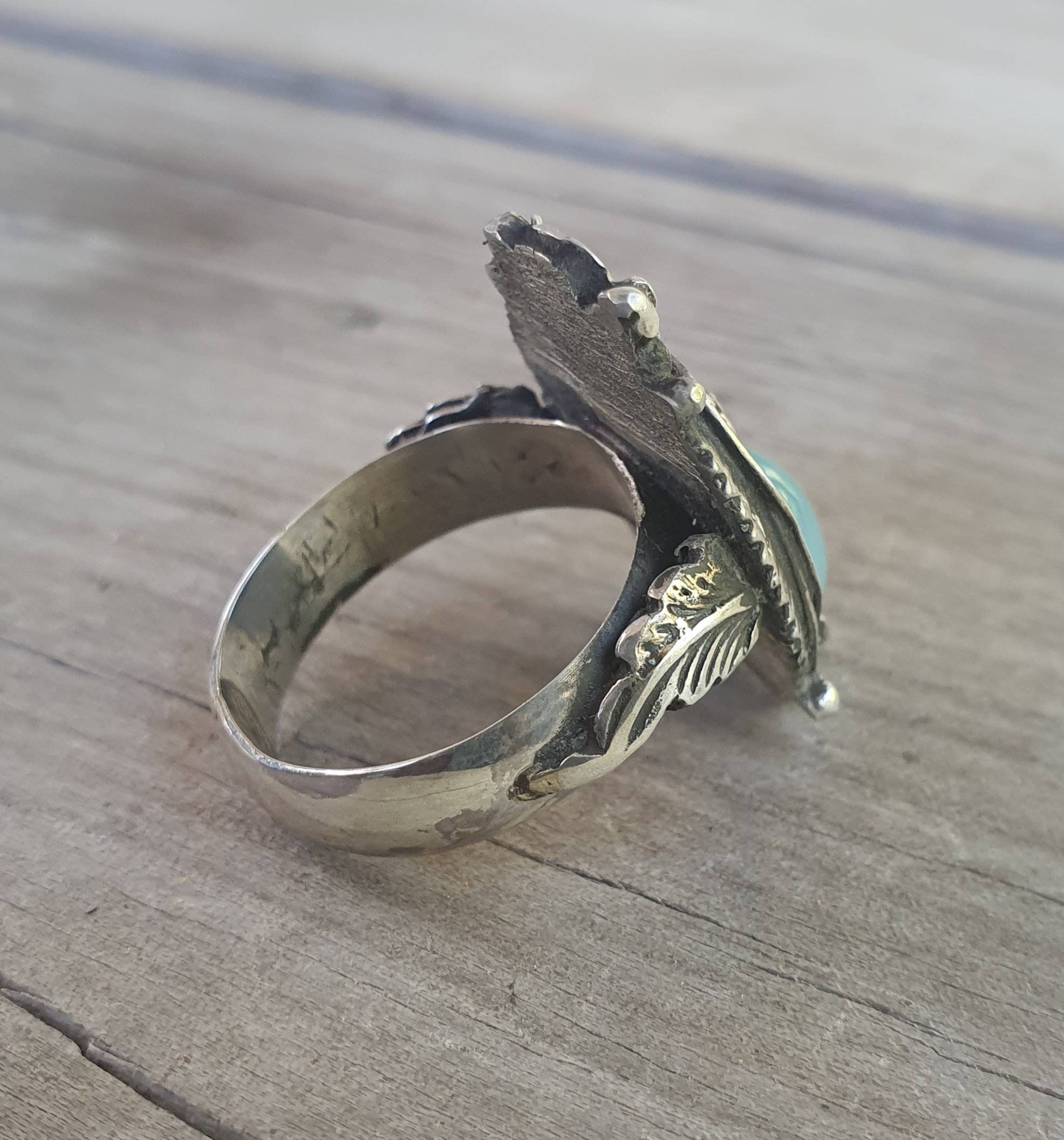 Bague Longue Navajo Vintage - Argent Sterling 925 Et Onyx Noir, Taille 8,25, Fait Main