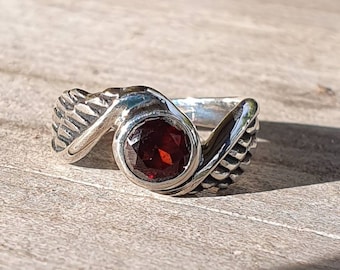 Garnet ring,angel wings,Sterling silver,goddess, winged, feather,bird wings,new age,boho ,gypsy,fairy,