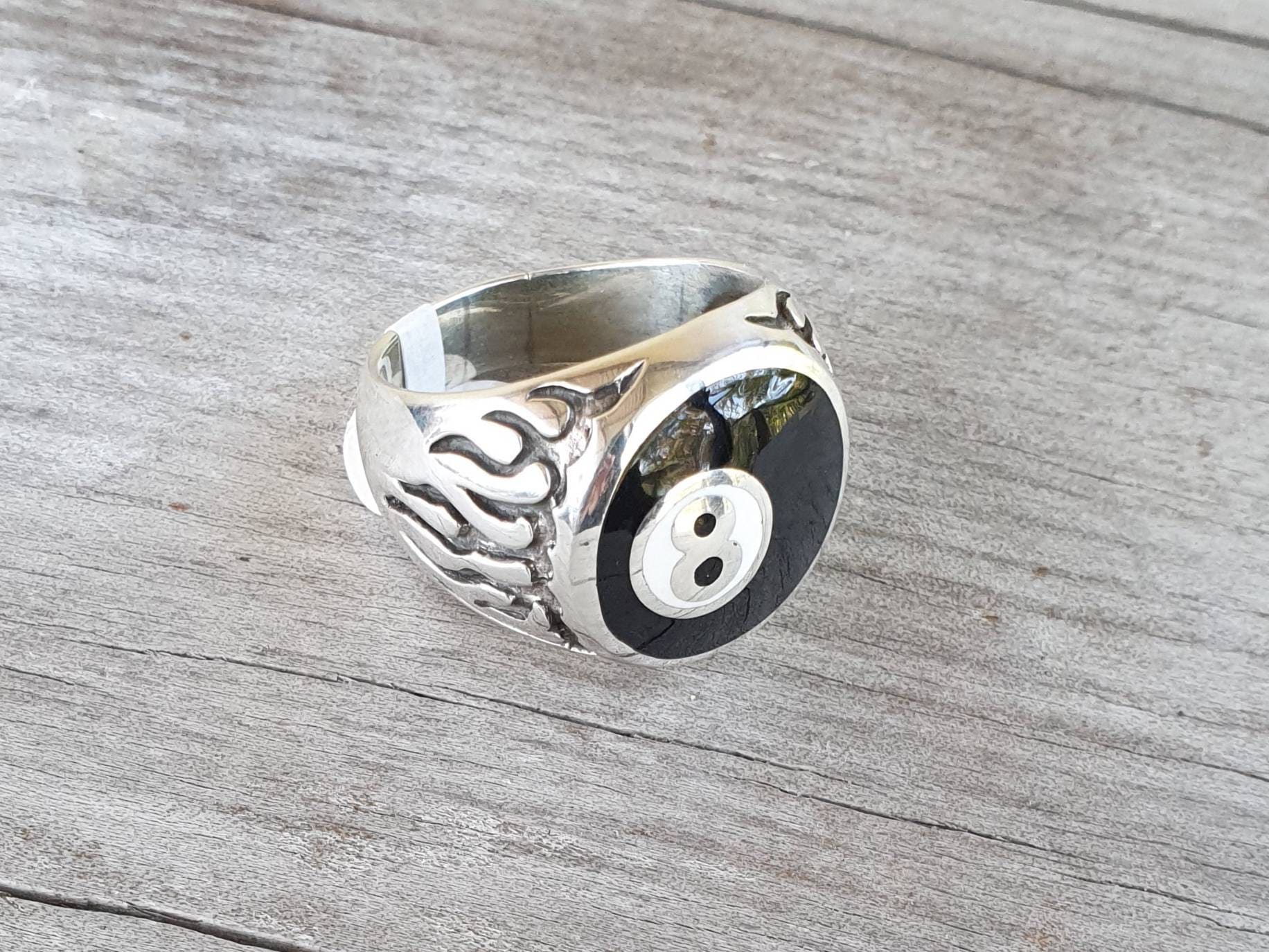 Eight Ball,flame Ring,snooker,pool,billards, Biker,rockabilly,sterling ...