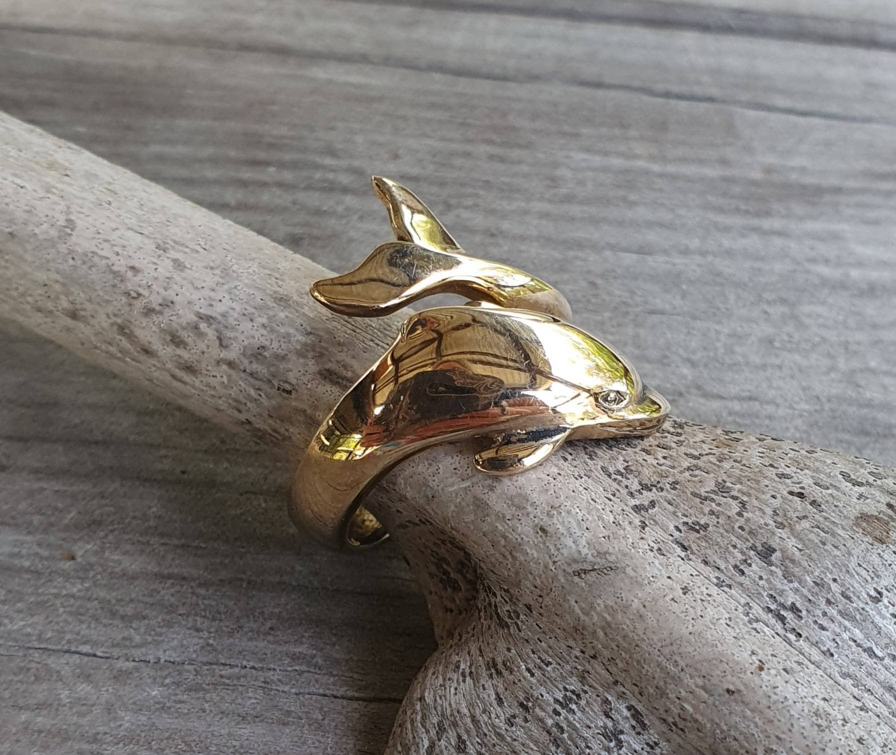 Vtg 14k Yellow Gold Dolphin Ring Sz 6.75 Blue/Green Gemstone Eyes 4Gram  Textured | eBay