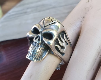 Skull ring,flames,sterling silver,custom culture,muscle car,roth,steampunk,gothic, punk, solid,heavy,hipster
