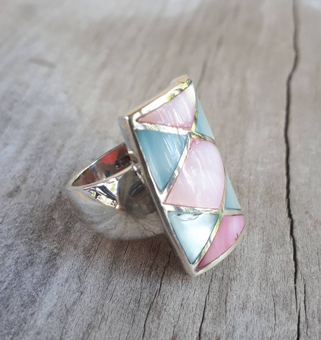 Long Ring,inlay,sterling Silver, Mother of Pearl Inlay,boho, Goddess ...