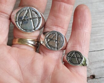 Anarchy ring, round top,sterling silver,medium size signet, punk,alternative, steampunk,handmade,sid vicious,rebel,biker,