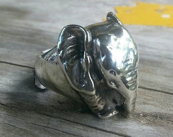 Anillo de elefante grande, plata de ley, anillo grande macizo, estilo bohemio, hecho a mano, con diseño de animales salvajes y elefantes.