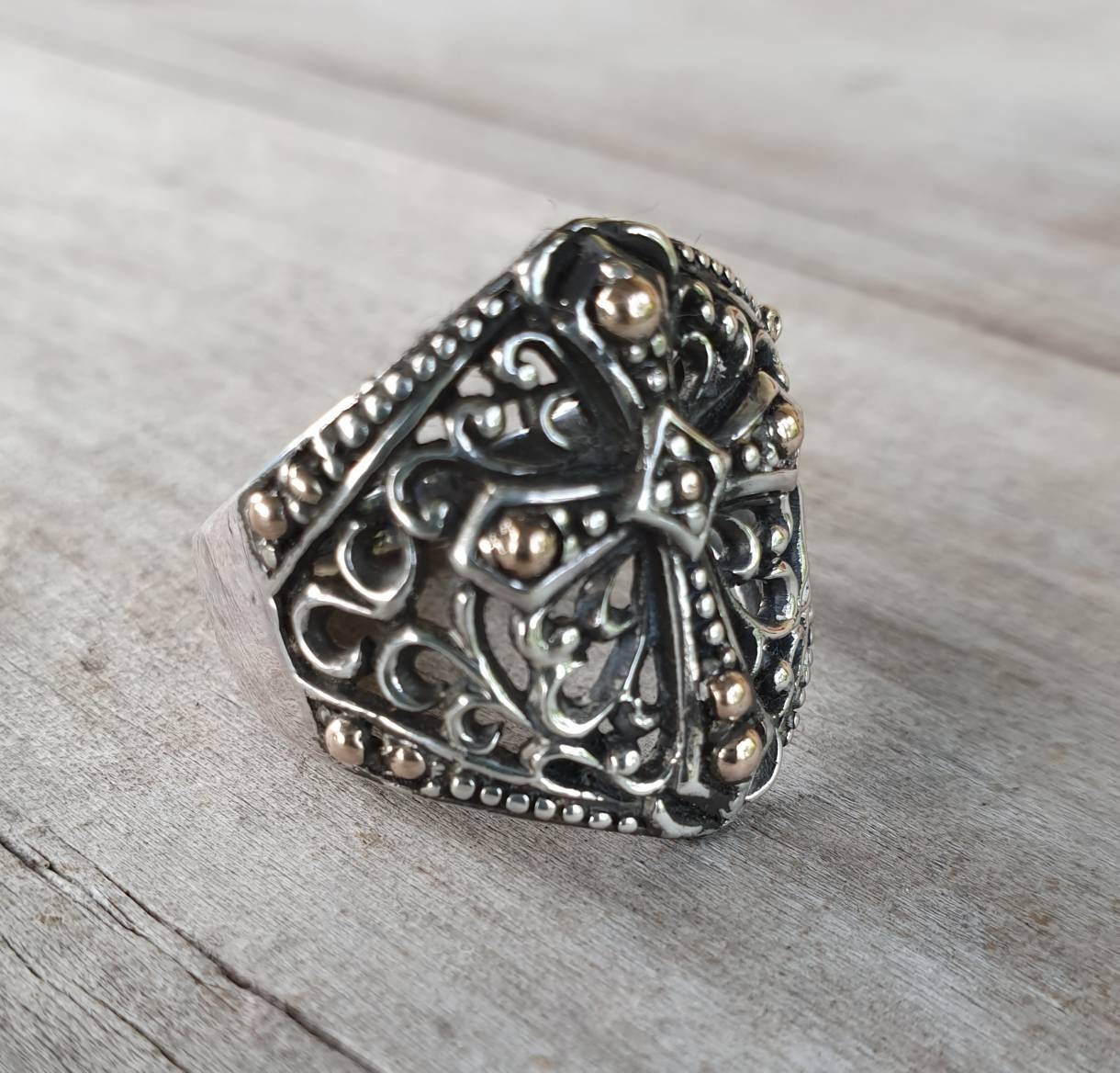 Two Tone Cross Ringsterling Silver10k Goldfilegree - Etsy