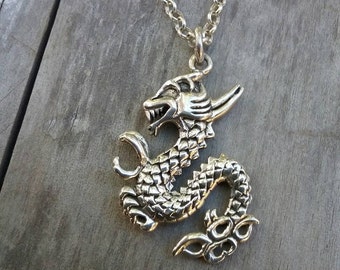 Welsh Dragon Pewter Charm Pendant Necklace – UK Made, 18" Silver Chain – Wales Cymru Y Ddraig Goch