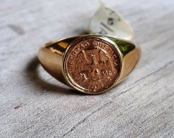 9k Gold coin ring , signet ring 1971 quarto peso, 9ct gold coin replica solid ring.