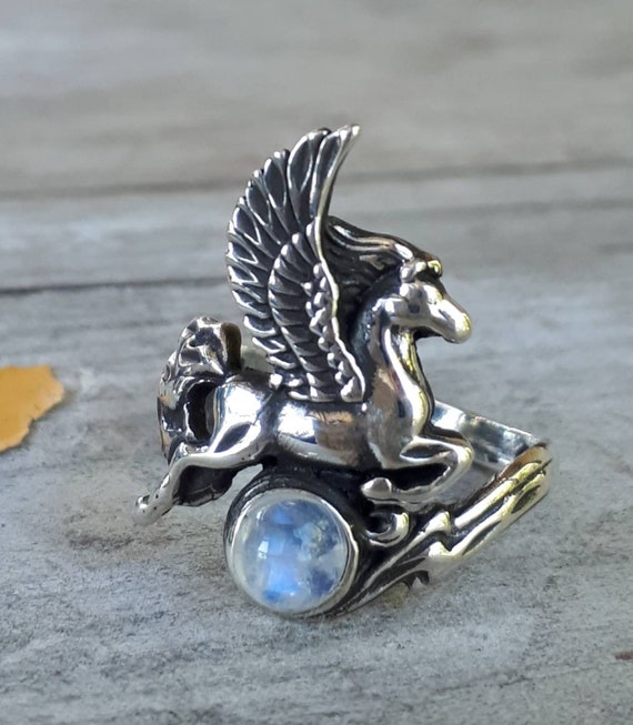 PEGASUS Ring moonstone Sterling Silver mythical Horse Unicorn