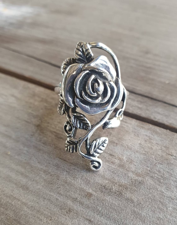 ヴィンテージ！Silver 3D Rose Flower リング Vintage ROSE 3D Ring Silver Tone Floral Unmarked sz 6.5 Adjustable