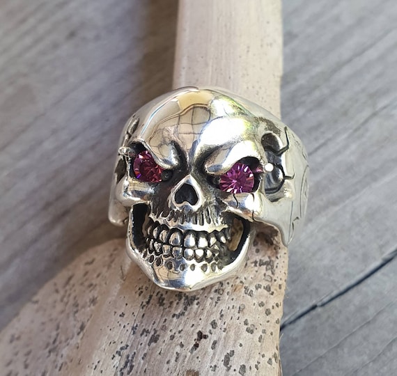 Anello teschio argento sterling occhi rosa cristalli swarovski