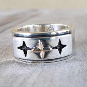 Anillo de estrella de oro, anillo de dos tonos, oro de 10k y plata esterlina, grueso, cruz uniforme, boda, oxidado, cristiano,