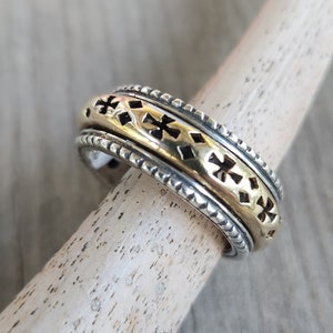 spinner ring,9k gold and sterling silver cross ring,two tone,mixed metal,handmade wedding band,worry ring