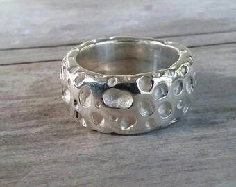 Chunky,Wide ring, heavy,solid sterling silver band,rustic, hammered,nugget, wedding dress ring